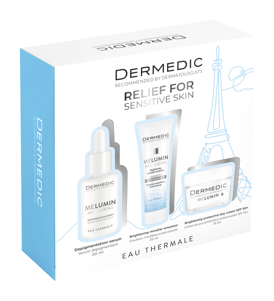 Dermedic Melumin set/depigmentacijski serum 30 ml+micelarna emulzija 25 ml+zastitna krema spf 50 15 ml
