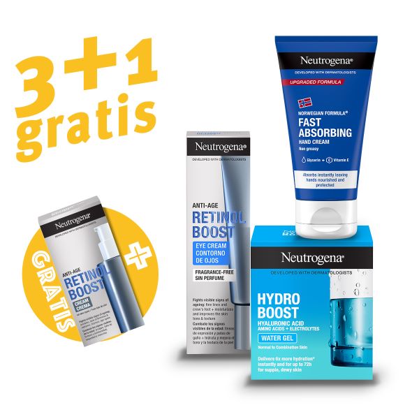 Neutrogena Hydro boost vodeni gel za lice 50 ml + Retinol boost krema za o\u010Di 50 ml + Brzoupijaju\u0107a krema za ruke 75 ml (Retinol boost krema za lice 50 ml GRATIS)